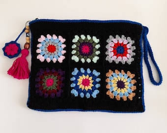 Multicolored Granny Square Clutch Bag With Zipper And Lined  Hand Strapped Crocheted Purse, Boho Womens Clutch, Tote Bag, Gift For Her