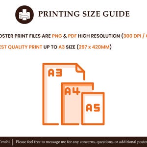 Puede incluir: Una gu&iacute;a para imprimir archivos de p&oacute;ster. El texto indica que los archivos son PNG y PDF de alta resoluci&oacute;n (300 DPI / CMYK) y que la mejor calidad de impresi&oacute;n es hasta el tama&ntilde;o A3 (297 x 420 mm). Una ilustraci&oacute;n muestra los tama&ntilde;os de papel A3, A4 y A5.