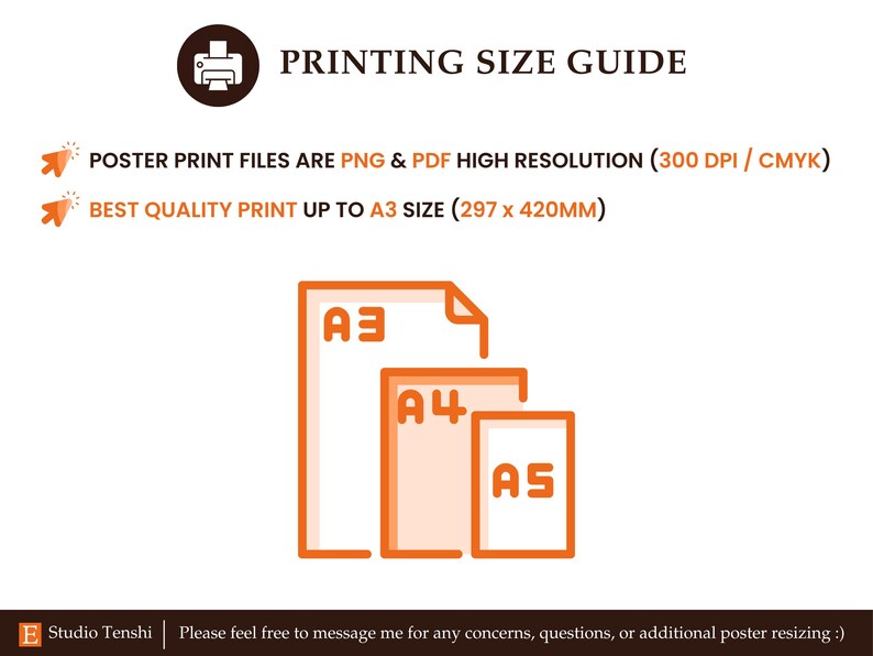 Puede incluir: Una gu&iacute;a para imprimir archivos de p&oacute;ster. El texto indica que los archivos son PNG y PDF de alta resoluci&oacute;n (300 DPI / CMYK) y que la mejor calidad de impresi&oacute;n es hasta el tama&ntilde;o A3 (297 x 420 mm). Una ilustraci&oacute;n muestra los tama&ntilde;os de papel A3, A4 y A5.