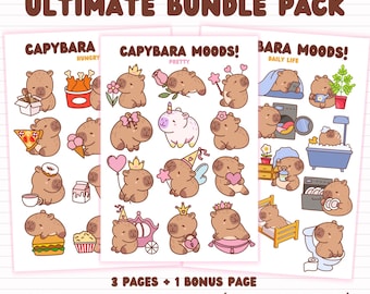 Paquete de pegatinas de capibaras adorables / PNG y PDF de animales kawaii / Paquete de pegatinas digitales imprimibles