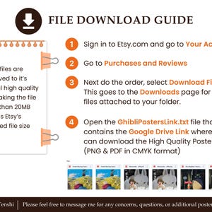 Puede incluir: Una gu&iacute;a con cuatro pasos sobre c&oacute;mo descargar archivos digitales de Etsy. La gu&iacute;a incluye una nota que indica que los archivos de p&oacute;ster se conservan en su calidad original, lo que puede resultar en un tama&ntilde;o de archivo superior a 20 MB. La gu&iacute;a tambi&eacute;n incluye una captura de pantalla de cinco p&oacute;sters digitales diferentes.