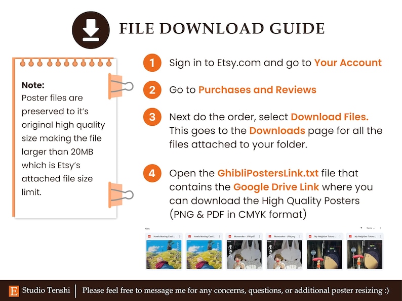 Puede incluir: Una gu&iacute;a con cuatro pasos sobre c&oacute;mo descargar archivos digitales de Etsy. La gu&iacute;a incluye una nota que indica que los archivos de p&oacute;ster se conservan en su calidad original, lo que puede resultar en un tama&ntilde;o de archivo superior a 20 MB. La gu&iacute;a tambi&eacute;n incluye una captura de pantalla de cinco p&oacute;sters digitales diferentes.