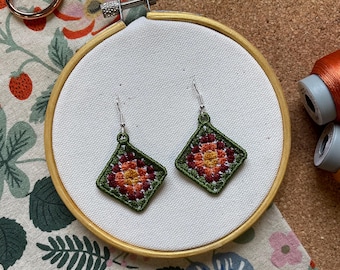 Cute Fall Colour Crocheted Granny Square Machine Embroidered Earrings | Nickel Free Hypoallergenic Earring Hooks