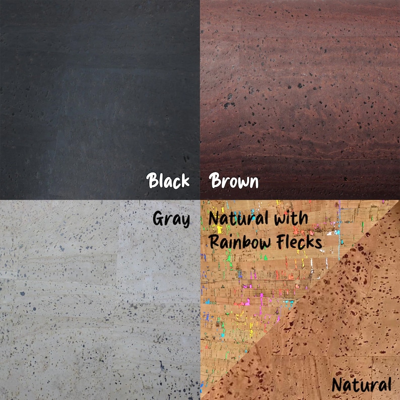 May include: Four cork board samples in different colors: black, brown, gray, and natural with rainbow flecks. The natural cork board has a speckled pattern with colorful flecks.