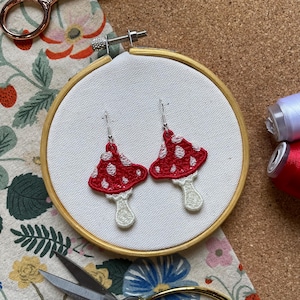 Cute Cottagecore Mushroom Machine Embroidered Earrings | Nickel Free Hypoallergenic Earring Hooks