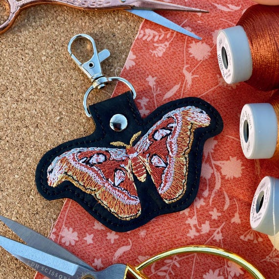 Atlas Moth Cork Fabric Machine Embroidered Keychain