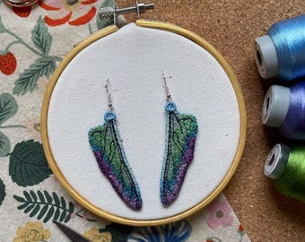 Dragonfly Wing Machine Embroidered Earrings | Nickel Free Hypoallergenic Earring Hooks