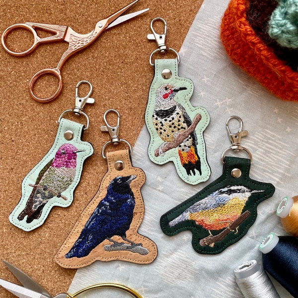 Pacific Northwest Bird Cork Fabric Machine Embroidered Keychains