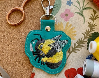 Killer Bee Cork Fabric Machine Embroidered Keychain