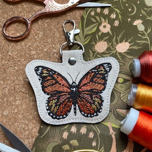 Monarch Butterfly Cork Fabric Machine Embroidered Keychain