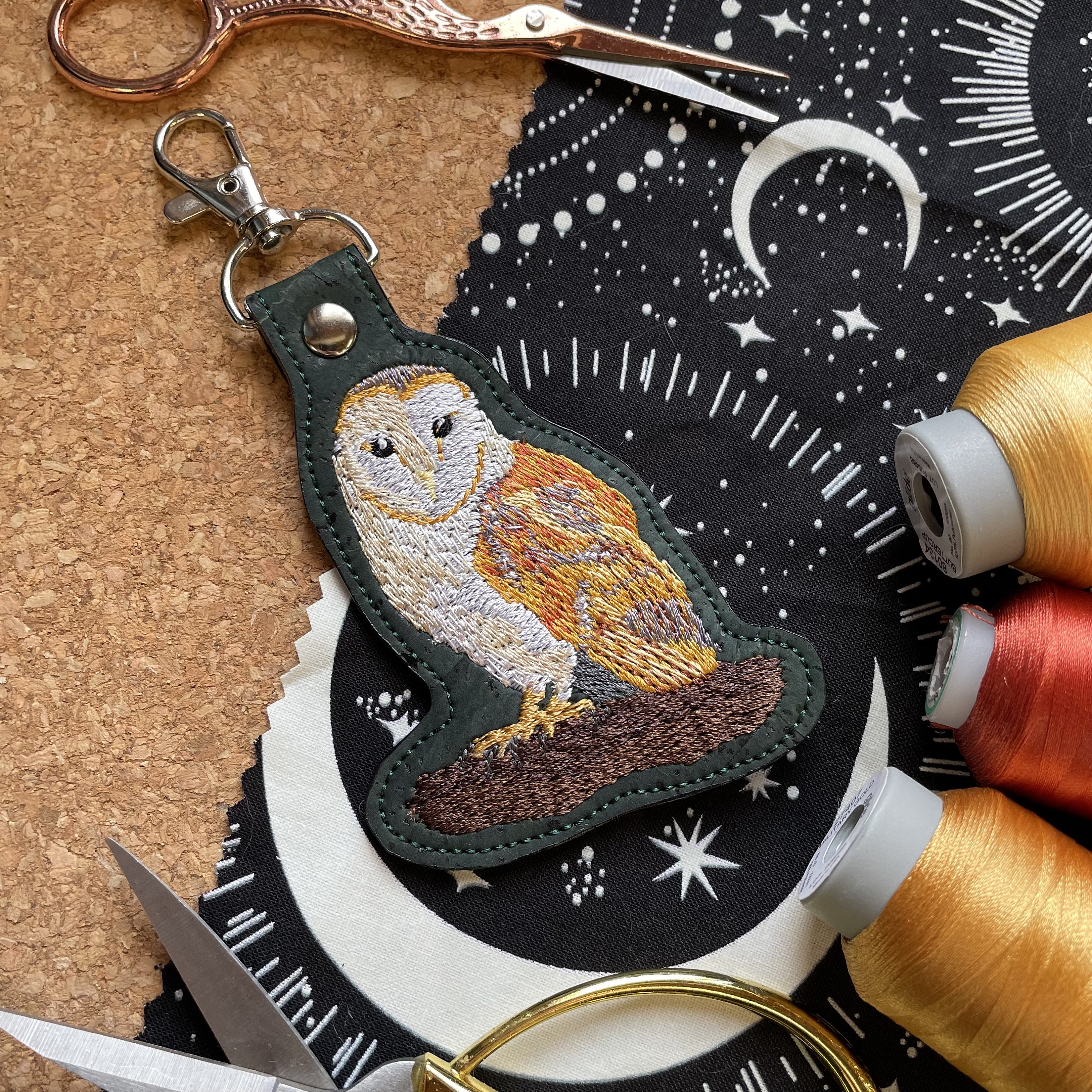 Barn Owl Cork Fabric Machine Embroidered Keychain