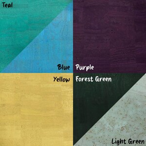 May include: A corkboard divided into six sections, each painted a different color: teal, blue, yellow, forest green, purple, and light green. The colors are labeled in black text.
