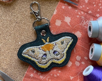 Polyphemus Moth Cork Fabric Machine Embroidered Keychain