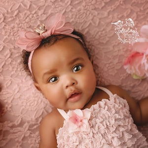 Princess Pink Crown Ribbon Headband for Newborn, Sitter, One Year Baby Girls Photoshoot Tiara Blingy