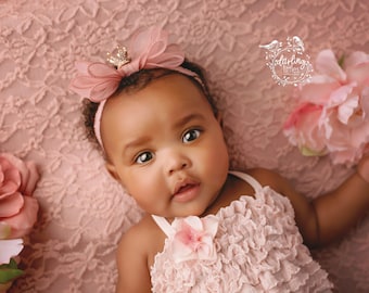 Princess Pink Crown Ribbon Headband for Newborn, Sitter, One Year Baby Girls Photoshoot Tiara Blingy