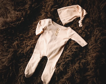 The perfect cream neutral romper, newborn photography prop. Super soft, stretchy, so cozy with matching sleepy cap. RTS!