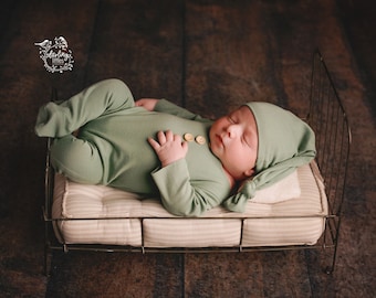 Sweetest little green romper with sleepy cap for newborn photography RTS, sleeper prop, sage green, baby clothes