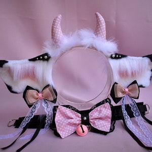 Cow ears with horns and collar with bell set, cosplay ears, cattle cosplay, ox ears, cosplay, pet play