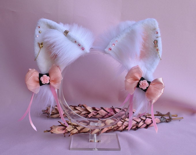 White Cat Ears Pink and Golden Details Faux Fur Kitten Ears Neko