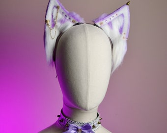 Purple and white cute Cat faux fur ears headband metal earrings petplay Costume Ears Lingerie Headband Pet Ear