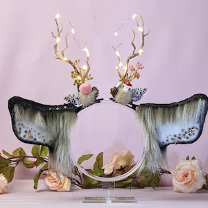 Primavera Deer Ears orecchie in pelliccia sintetica e corna cosplay kemonomimi orecchie in pelliccia sintetica fascia coda di coniglio