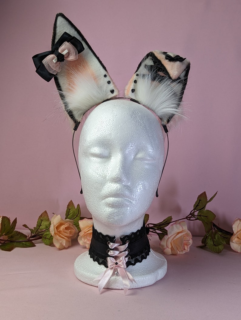 Pink and Black Corset Bunny Ears Tail and Collar Set Faux Fur Etsy