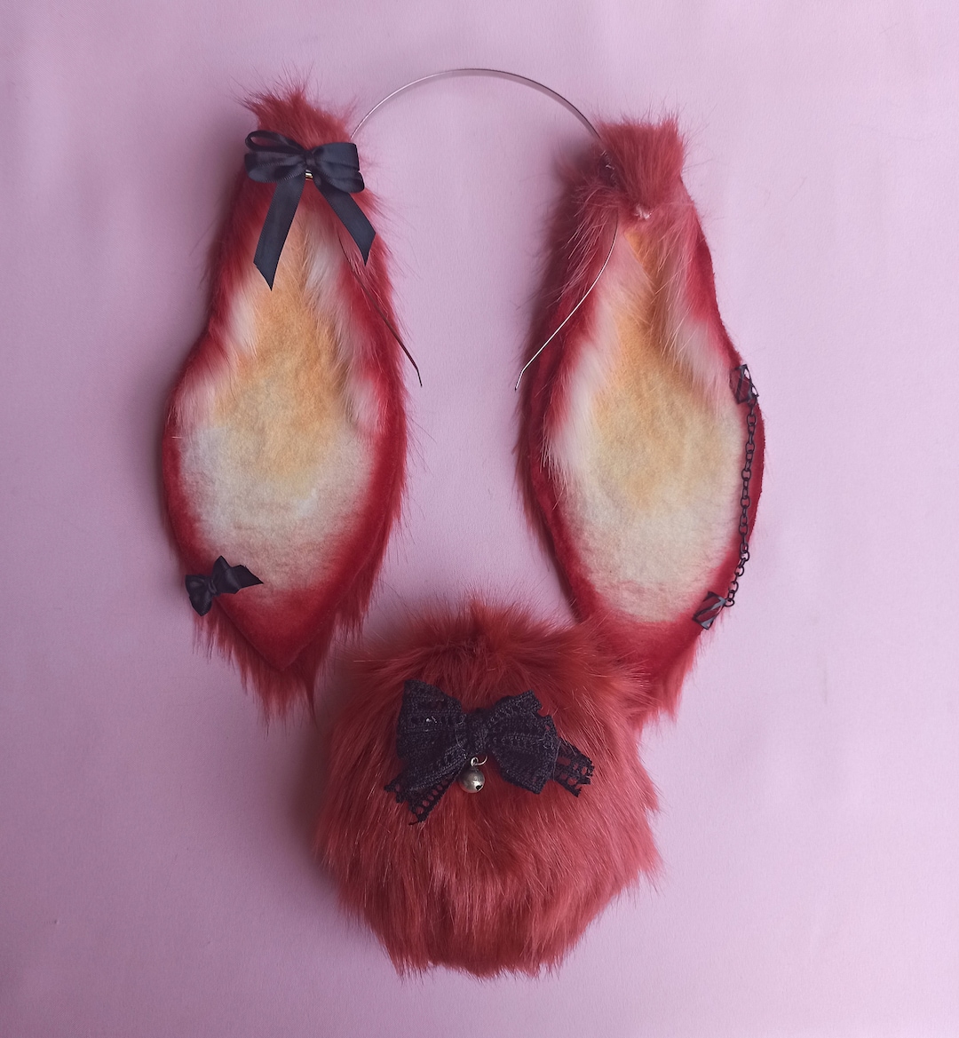 Fire Red Bunny Ears, Tail and Collar Set Faux Fur Ears Cosplay