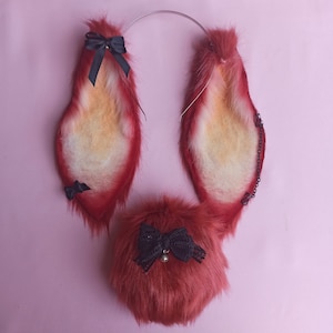 Fire Red Bunny Ears, tail and collar set faux fur ears cosplay kemonomimi faux fur ears headband bunny tail