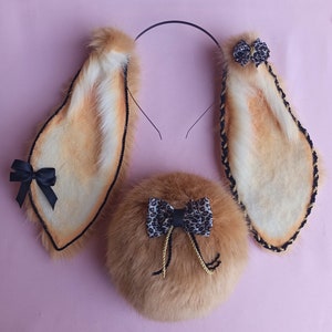 Leopard Bunny Ears, tail and collar set faux fur ears cosplay kemonomimi faux fur ears headband bunny tail