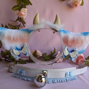 Angelic blue cow ears with horns and collar with bell set, cosplay ears, cattle cosplay, bue ears