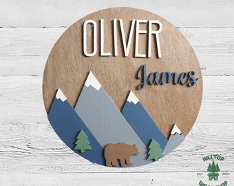 Woodland Nursery Sign for Boys Room Bear Theme Nursery Decor Mountain Theme Room Baby Shower Name Sign Round Wooden Baby Boy Name Sign
