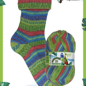 Könnte beinhalten: Eine gestrickte Socke und ein Knäuel Garn in Blau-, Grün- und Rottönen. Die Socke und das Garnknäuel liegen nebeneinander. Das Garnknäuel hat ein Etikett mit einer Papageienillustration und dem Text "opal". Das Bild enthält auch einen Tukan und den Text "Rettet den Regenwald e.v."