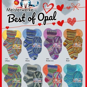 Könnte beinhalten: Werbebild für Opal Sockenwolle und Socken. Das Bild zeigt eine Cartoon-Katze, Herzen und verschiedene Paare bunter Socken mit passenden Wollknäueln. Der Text enthält "Best of Opal" und Sockenbezeichnungen.
