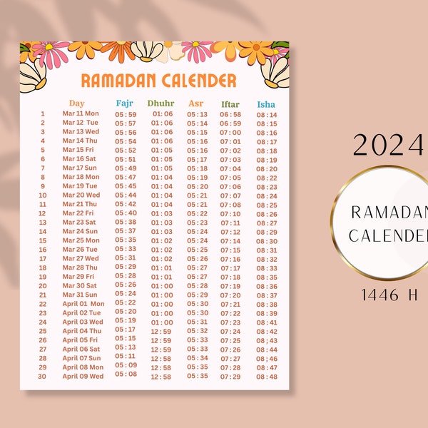 Calendario de Ramadán 2024. Realice un seguimiento de su tiempo de Ramadán, Oración, Iftar y Suhur con este calendario.