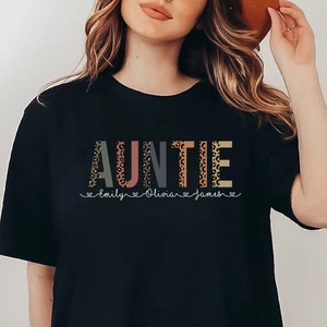 Personalized Leopard Auntie t-shirt, Gift for Auntie, Custom Leopard Auntie t-shirt with Kids Names, New Aunt t-shirt