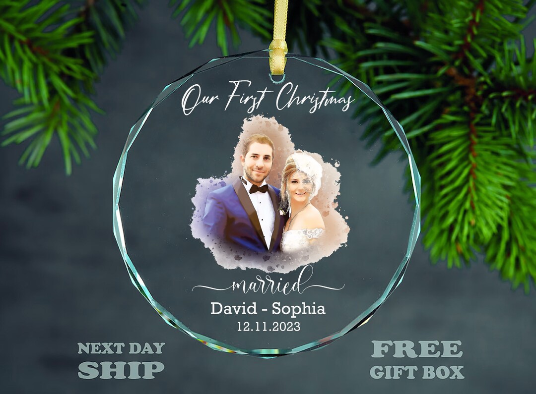 First Christmas Married Ornaments, Just Married Bauble,personalised Mr and Mrs Christmas Photo