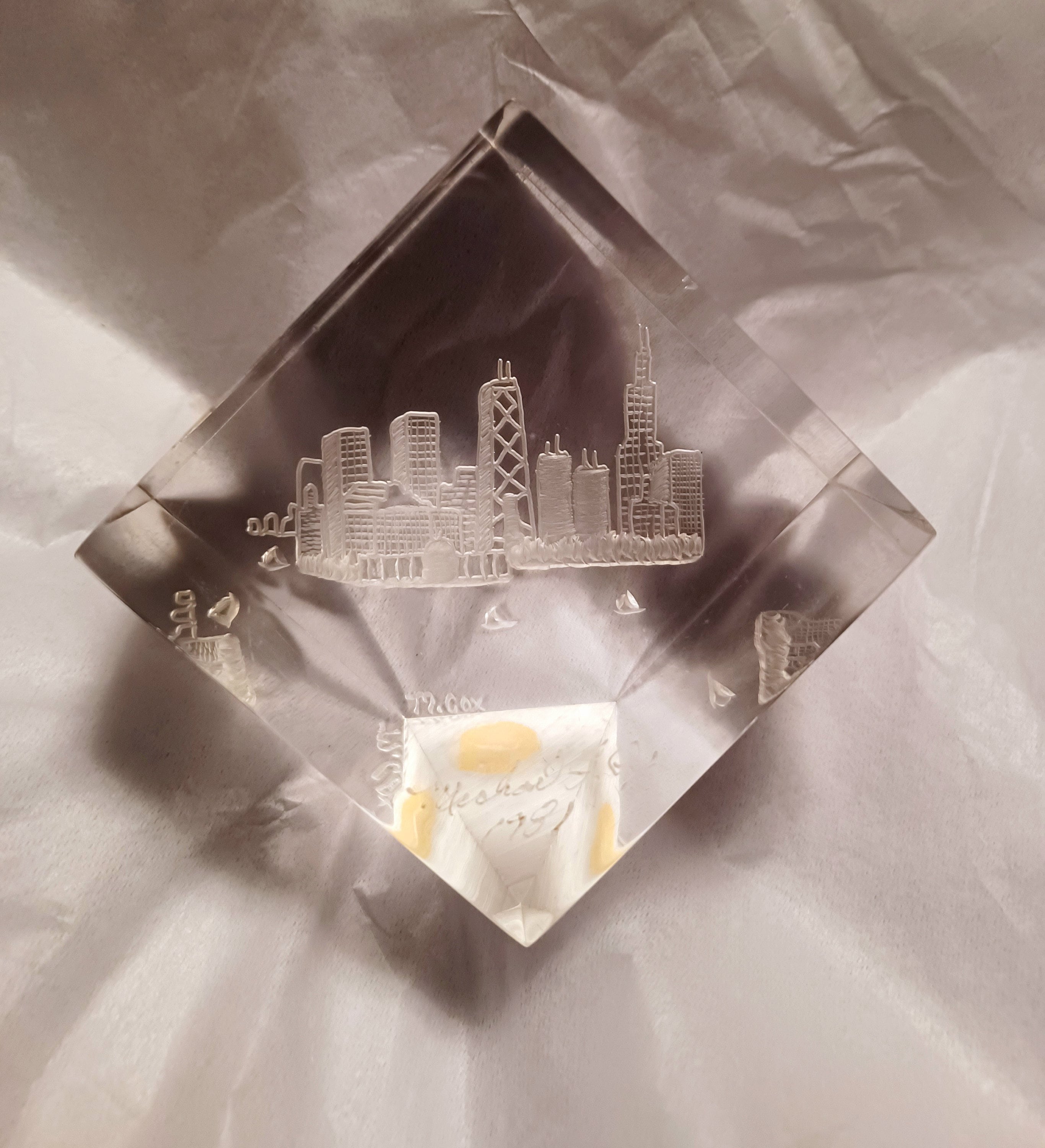 Michael F. Cox Signed Lucite Acrylic Etching Chicago Sears Hancock Skyline 1981