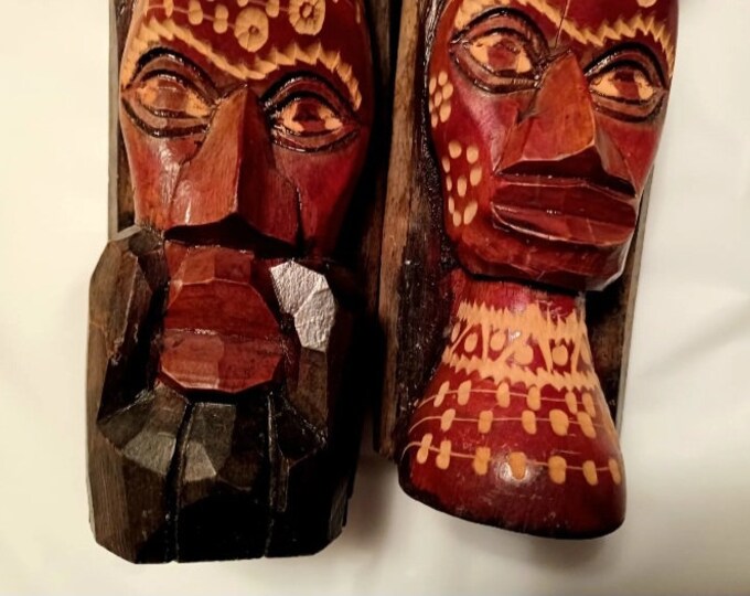 Vintage Jamaican Wood Carving Tiki Heads Vintage Folk Art Hand Carved