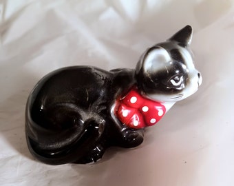 Vintage Miniature Porcelain Lipco Black Cat Red & White polka dot Bow Figurine