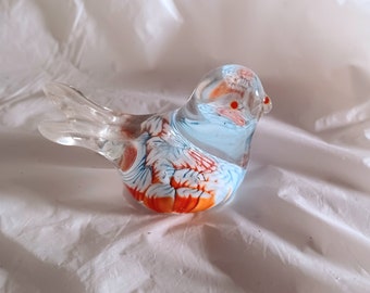 Murano Style Art Blown Glass Blue Red White Orange Millefiori Bird 2&quot; Paperweight