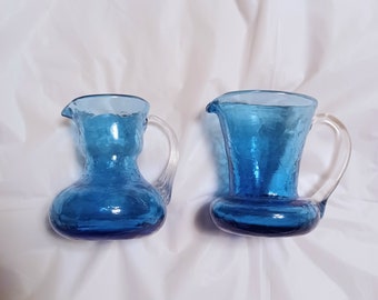 2 Cobalt Aqua Blue Crackle Ice Glass Mini Pitchers handblown vintage Brilliant