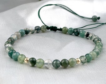 4mm Moss Agate Gemstone Bracelets Small Natural Stone Beaded Bracelet Minimalist Anxiety Calming Bracelet for Men Women