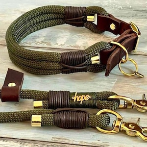 Adjustable rope and collar set Army Green with brown leather and brass fittings