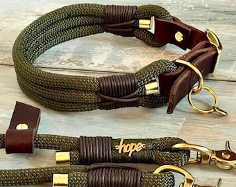 Adjustable rope and collar set Army Green with brown leather and brass fittings