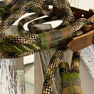 Dog leash and collar set camouflage with leather and antique brass fittings adjustable and personalized