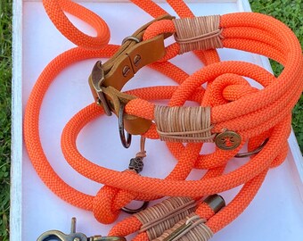 Rope line and collar set neon orange with natural leather adjustable and personalized