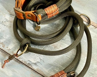 Rope leash and collar set for large and small dogs olive / cognac adjustable and personalized