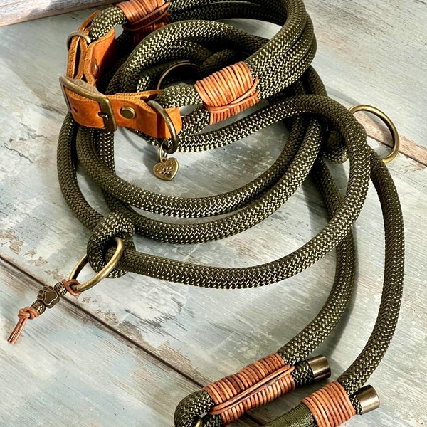 Rope leash and collar set for large and small dogs olive / cognac adjustable and personalized