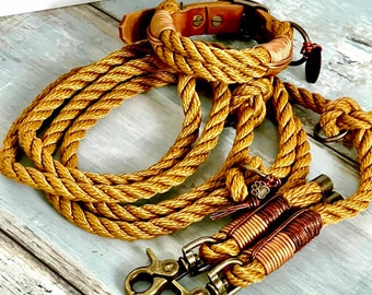 Adjustable leather leash and collar set with twisted sail rope