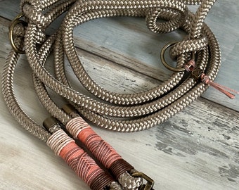 Rope dog leash in taupe with antique brass fittings adjustable